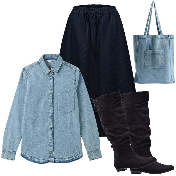 Outfit donna - Gonna svasata e stivali bassi. Stile Casual chic per Tutti i giorni. Abbinamento con stivali, camicie, shopping bag, gonne.