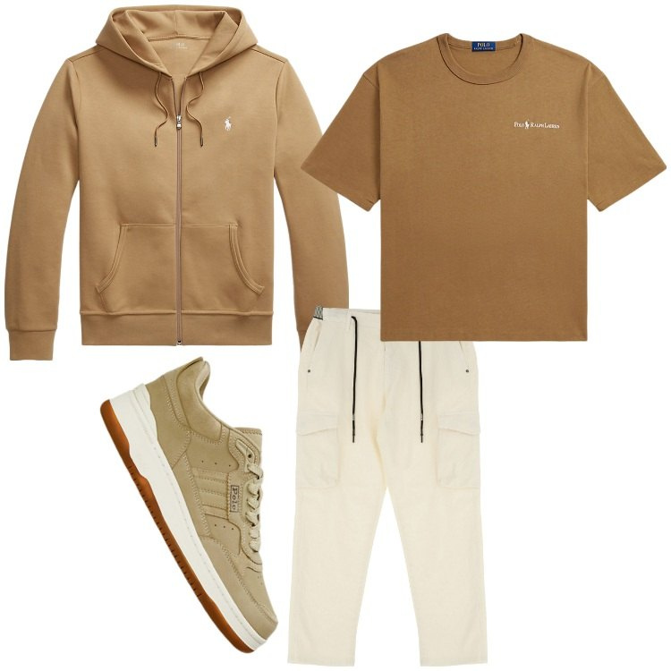 Outfit uomo - Marrone sport. Stile Trendy per Sport. Abbinamento con pantaloni cargo, felpe, sneakers, t-shirt.