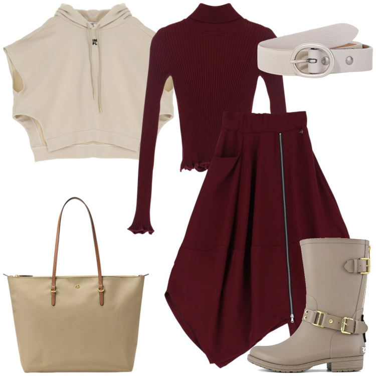Outfit donna - Total look #1986356. Stile Urban per Ufficio. Abbinamento con gonne longuette, felpe con cappuccio, maglieria, cinture, borse tote, stivali.