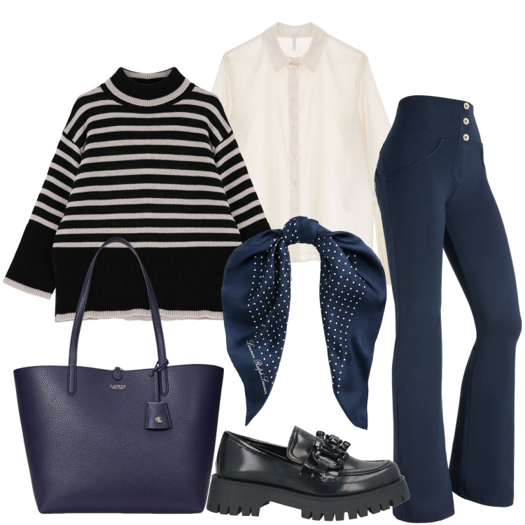 Outfit donna - Camicia e maglione. Stile Casual per Tutti i giorni. Abbinamento con mocassini, maglieria, camicie, pantaloni skinny, foulard, borse tote.