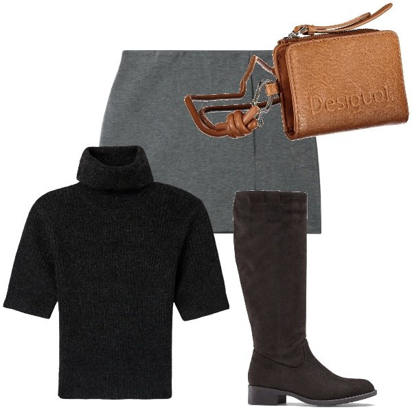 Outfit donna - Minigonna e stivale da cavallerizza. Stile Preppy per Tutti i giorni. Abbinamento con stivali, minigonne, maglieria, portafogli.
