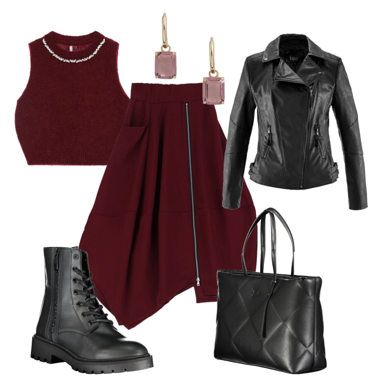 Outfit donna - Serata rock asimmetrica. Stile Rock per Serata fuori. Abbinamento con blazer, gonne longuette, maglieria, orecchini, stivali, borse a spalla.