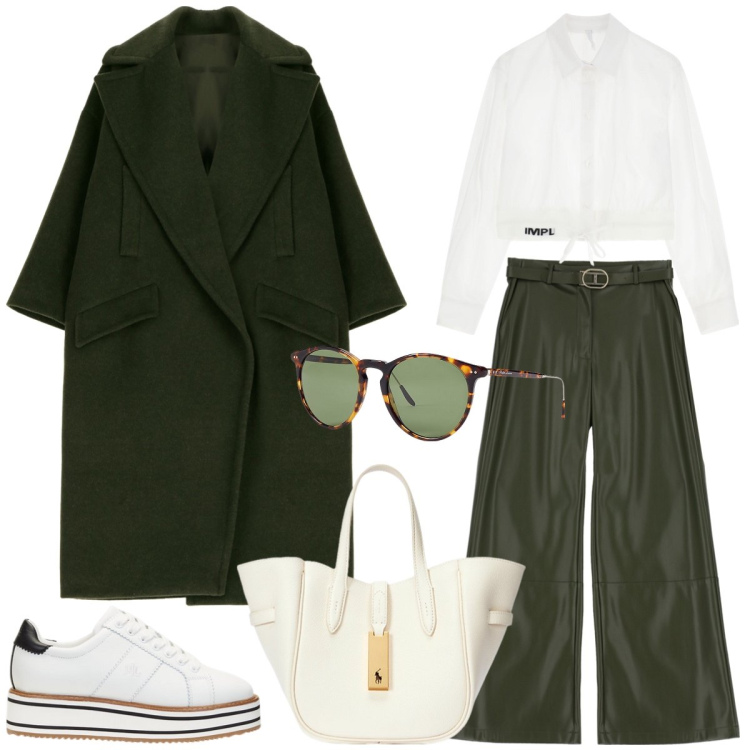 Outfit donna - Total look #1986372. Stile Urban per Ufficio. Abbinamento con pantaloni, cappotti, camicie, borse tote, sneakers, occhiali da sole.