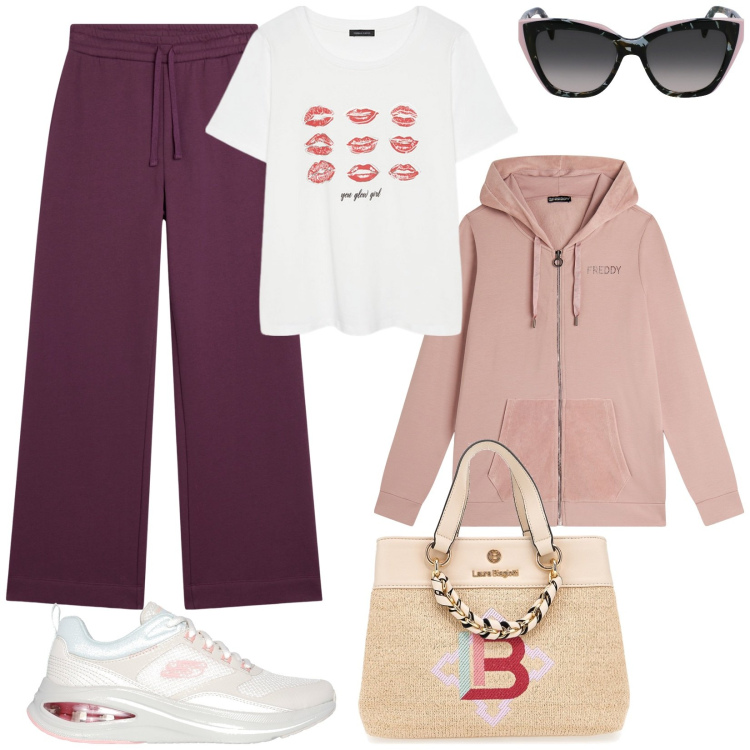 Outfit donna - Sportiva e trendy. Stile Sporty chic per Tutti i giorni. Abbinamento con felpe con cappuccio, pantaloni, sneakers, occhiali da sole, borse a mano, t-shirt.