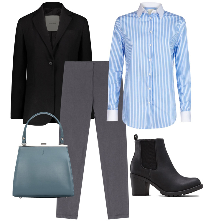 Outfit donna - La camicia a righe. Stile Mannish per Ufficio. Abbinamento con stivaletti, pantaloni skinny, clutch, blazer, camicie.