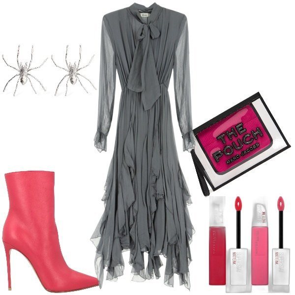 Outfit donna - Halloween chic. Stile Glamour per Serata fuori. Abbinamento con stivaletti, rossetti, vestiti lunghi, clutch, orecchini.