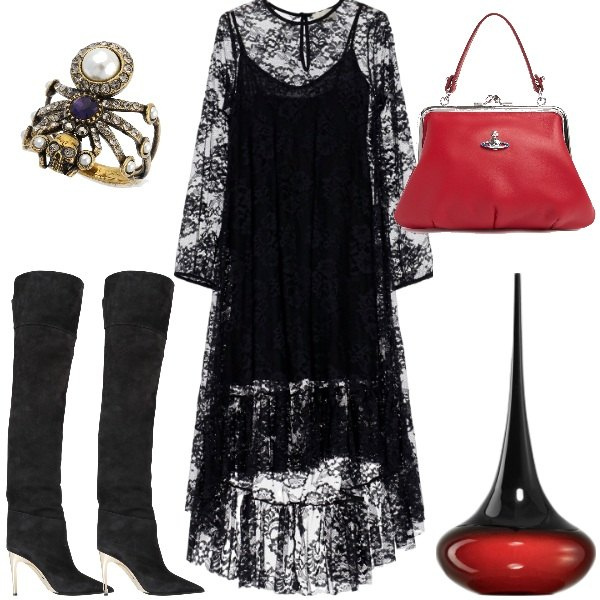 Outfit donna - La notte delle streghe. Stile Glamour per Serata fuori. Abbinamento con stivali, profumi, vestiti, borse a mano, anelli.