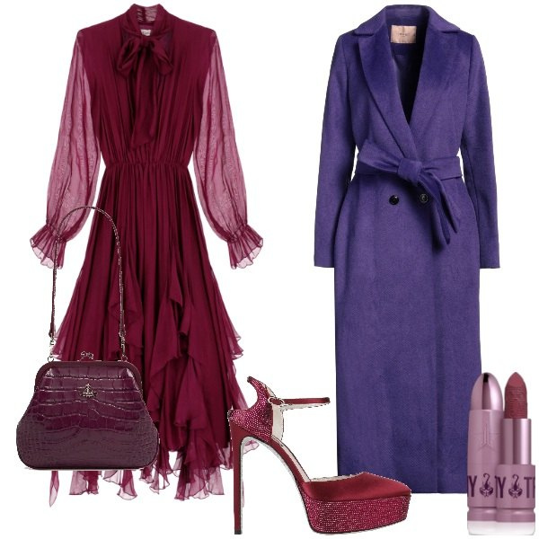 Outfit donna - Halloween strega chic. Stile Glamour per Serata fuori. Abbinamento con cappotti, décolleté, rossetti, vestiti lunghi, pochette.