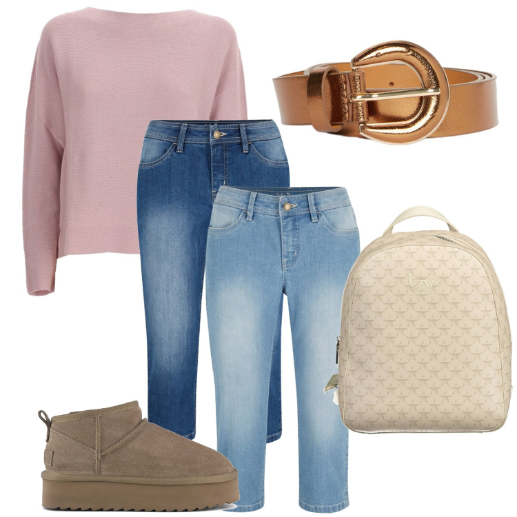 Outfit donna - La felpa rosa. Stile Basic per Tutti i giorni. Abbinamento con jeans, stivaletti, maglieria, zaini, cinture.