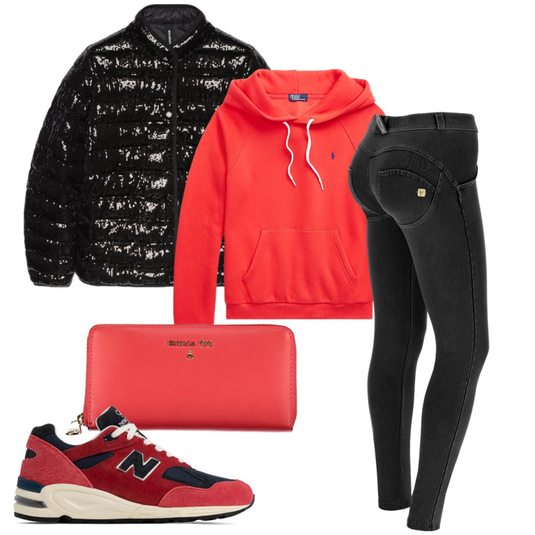 Outfit donna - Il bomber lucido. Stile Sporty chic per Sport. Abbinamento con sneakers, jeggings, felpe con cappuccio, portafogli, piumini.
