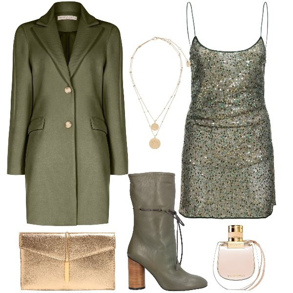 Outfit donna - Serata chic. Stile Chic per Serata fuori. Abbinamento con stivaletti, profumi, cappotti, ciondoli, vestiti, clutch.