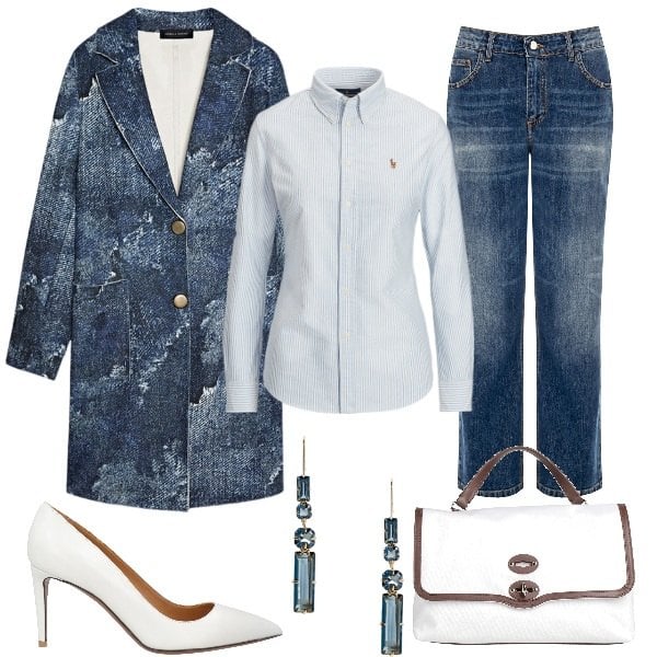 Outfit donna - Oggi denim. Stile Casual chic per Ufficio. Abbinamento con borse a mano, décolleté, jeans, camicie, orecchini, cappotti.