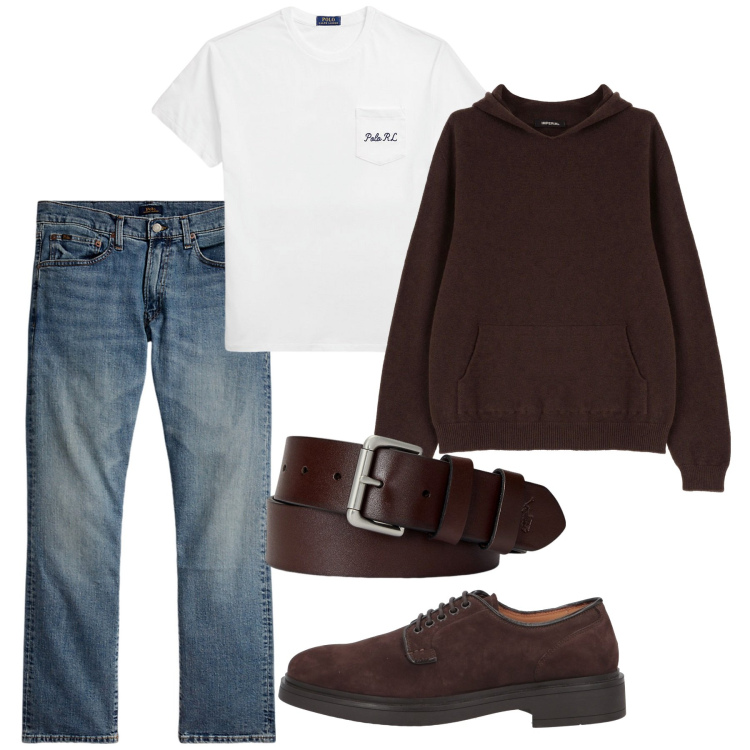 Outfit uomo - Brownie con il cappuccio. Stile Casual per Tutti i giorni. Abbinamento con scarpe stringate, maglieria, cinture, jeans dritti, t-shirt.
