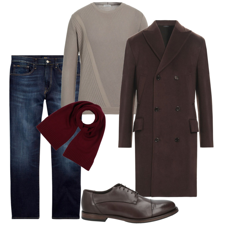 Outfit uomo - Cappotto al polpaccio. Stile Urban per Serata speciale. Abbinamento con sciarpe, pullovers, cappotti, scarpe stringate, jeans dritti.