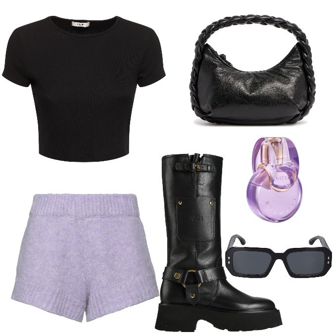 Outfit donna - Total look #1986461. Stile Rock per Tutti i giorni. Abbinamento con stivali, shorts, profumi, occhiali da sole, t-shirt, borse a mano.