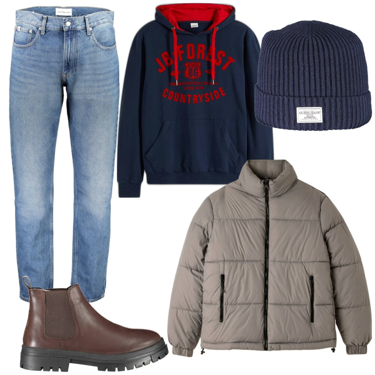 Outfit uomo - I jeans per tutti i giorni. Stile Urban per Tutti i giorni. Abbinamento con felpe con cappuccio, piumini, stivali, berretti, jeans dritti.