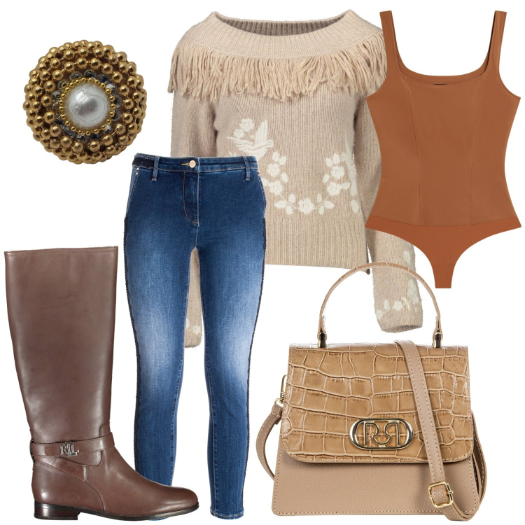Outfit donna - Il dettaglio delle frange. Stile Glamour per Tutti i giorni. Abbinamento con borse a mano, jeans skinny, body, stivali, maglieria, anelli.