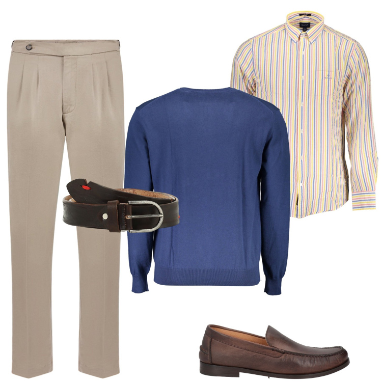 Outfit uomo - Casual per l ufficio. Stile Casual per Ufficio. Abbinamento con scarpe stringate, cinture, pantaloni, maglieria, camicie.