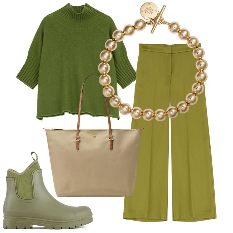 Outfit donna - Toni del verde. Stile Minimal per Ufficio. Abbinamento con maglieria, pantaloni, braccialetti, borse tote, stivali.