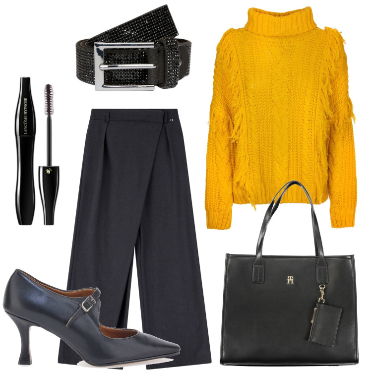 Outfit donna - Il maglione per le giornate fredde. Stile Casual per Ufficio. Abbinamento con mascara, maglieria, pantaloni, borse a spalla, décolleté, cinture.