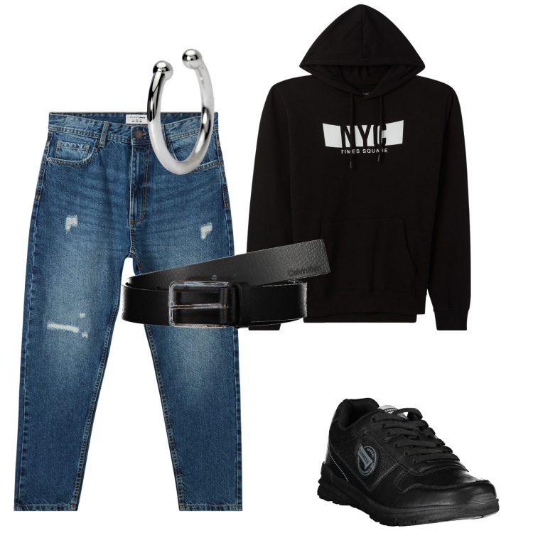 Outfit uomo - Un tipo trendy. Stile Trendy per Tutti i giorni. Abbinamento con felpe con cappuccio, jeans strappati, orecchini, sneakers, cinture.