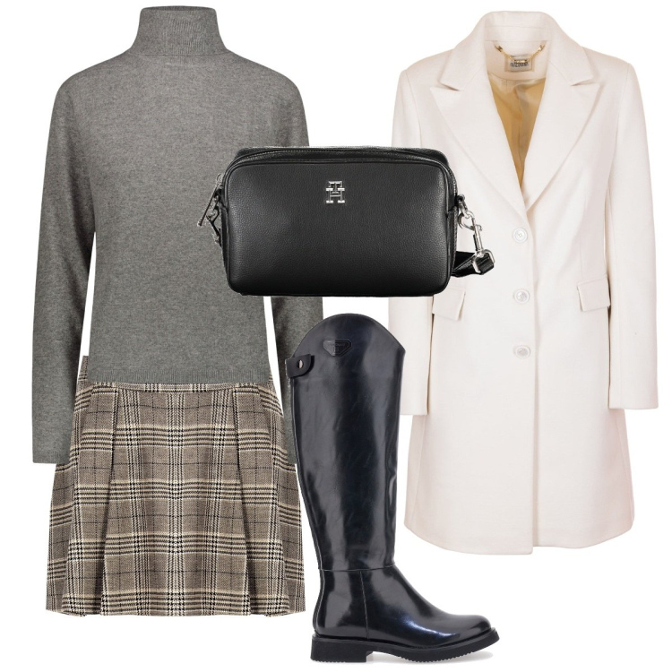 Outfit donna - Nuvole e neve. Stile Preppy per Ufficio. Abbinamento con minigonne, cappotti, stivali, maglieria, borse a tracolla.