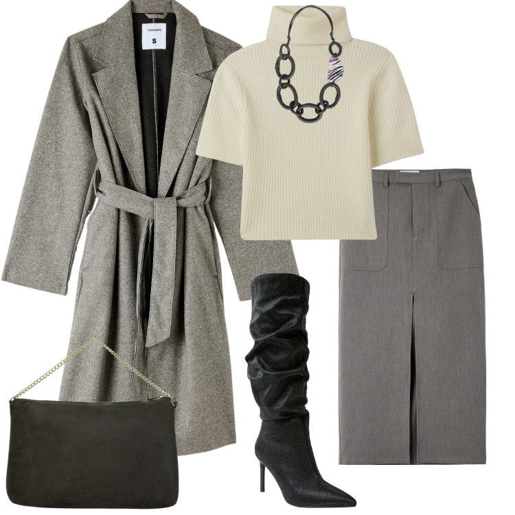 Outfit donna - In città. Stile Casual chic per Serata fuori. Abbinamento con maglieria, cappotti, gonne lunghe, stivali, pochette, collane.