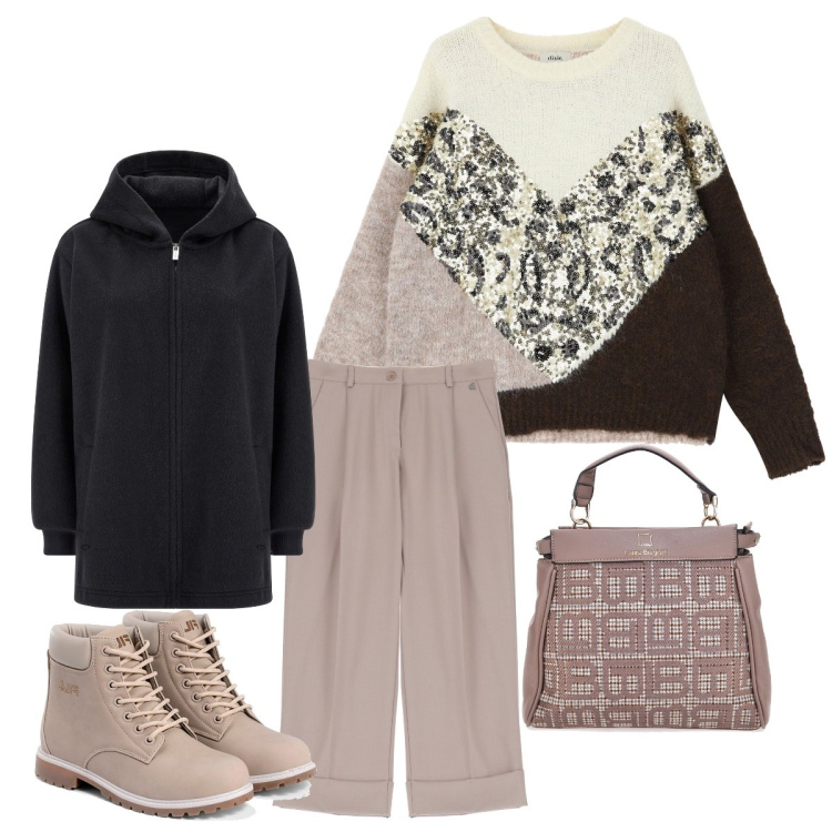 Outfit donna - La maglia chunky con inserti di pizzo. Stile Casual chic per Tutti i giorni. Abbinamento con maglieria, pantaloni chino, cappotti, stivaletti, borse a mano.