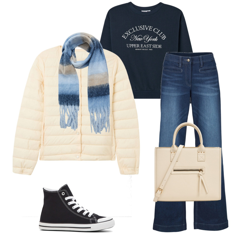 Outfit donna - Basico. Stile Basic per Scuola/Università. Abbinamento con sneakers alte, jeans, felpe, shopping bag, piumini, sciarpe.