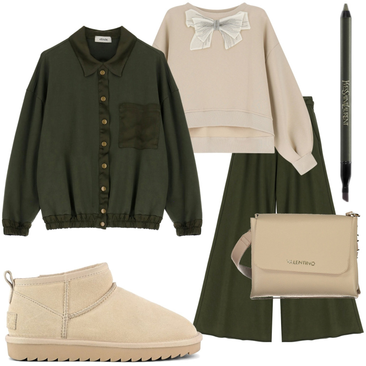 Outfit donna - Felpa con fiocco. Stile Glamour per Ufficio. Abbinamento con eyeliner, felpe, cappotti, pantaloni, stivali, borse a spalla.