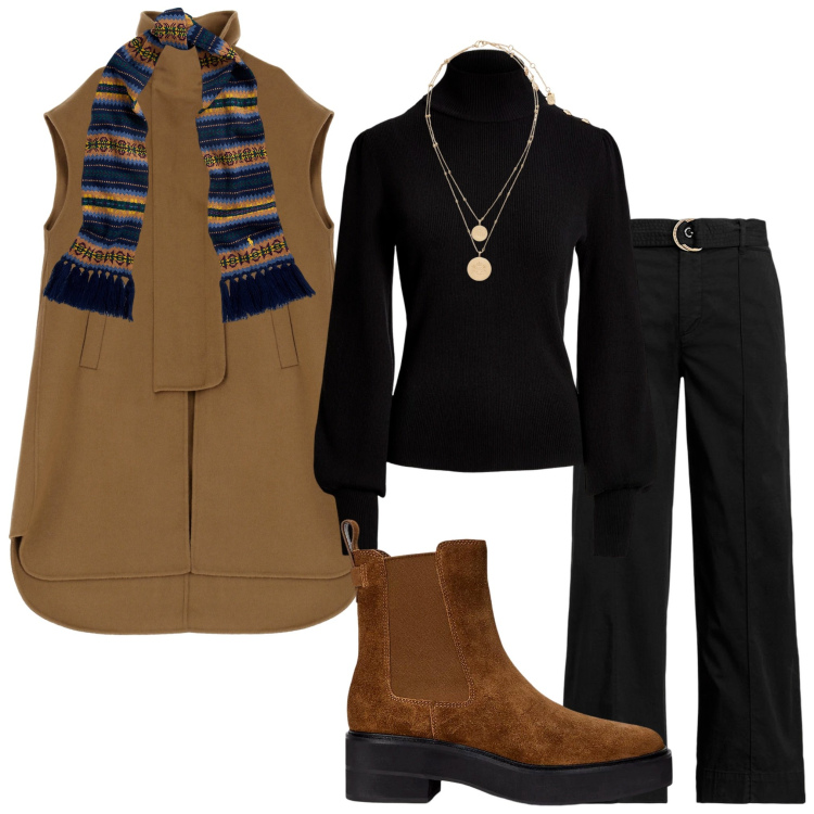 Outfit donna - Cappotto smanicato. Stile Glamour per Tutti i giorni. Abbinamento con cappotti, ciondoli, maglieria, pantaloni, stivaletti chelsea, sciarpe.