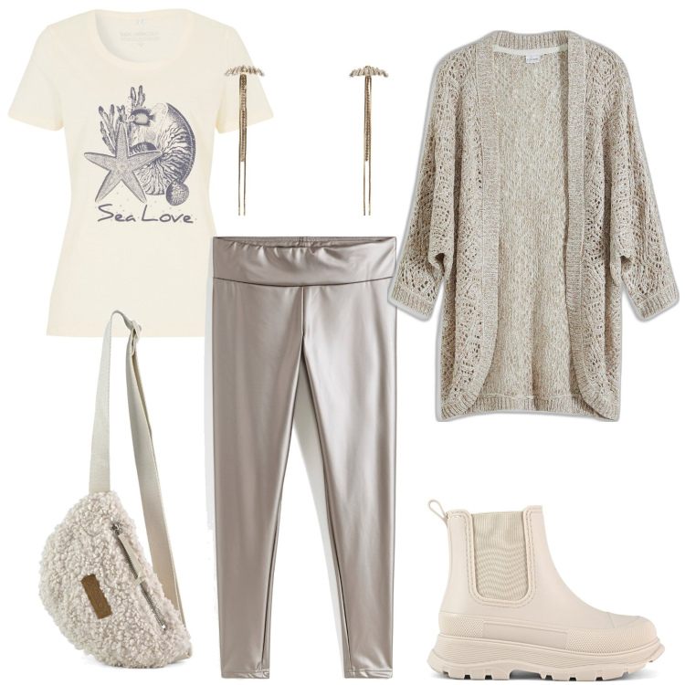 Outfit donna - Il pratico marsupio. Stile Trendy per Tutti i giorni. Abbinamento con t-shirt, cardigans, leggings, orecchini, stivali, marsupi.