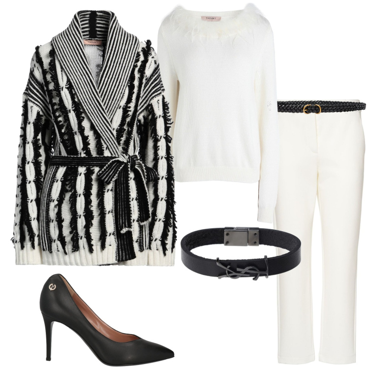 Outfit donna - Riunione di lavoro. Stile Glamour per Ufficio. Abbinamento con cardigans, pullovers, décolleté, cinture, braccialetti, pantaloni.