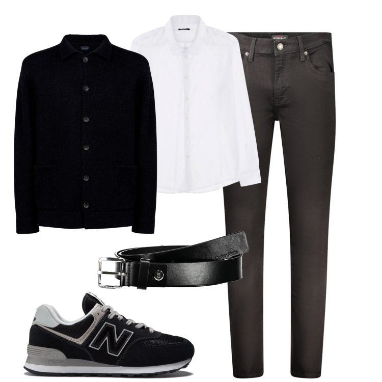 Outfit uomo - Jeans camicia e cardigan. Stile Urban per Ufficio. Abbinamento con sneakers, camicie, cardigans, jeans skinny, cinture.