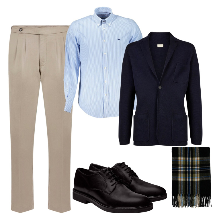 Outfit uomo - In ufficio. Stile Business/Elegante per Ufficio. Abbinamento con sciarpe, scarpe stringate, pantaloni, cardigans, camicie.
