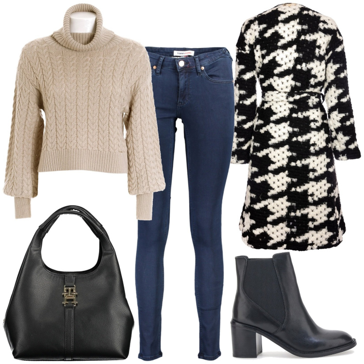 Outfit donna - Total look #1986519. Stile Casual chic per Tutti i giorni. Abbinamento con cappotti, maglieria, stivaletti, borse a tracolla, jeans skinny.