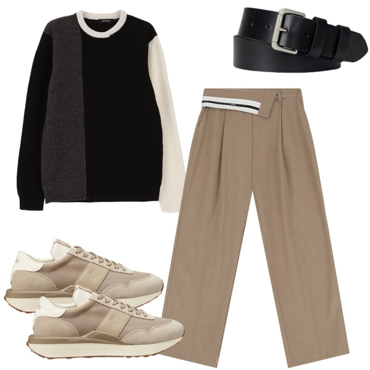 Outfit uomo - La maglia block color. Stile Trendy per Tutti i giorni. Abbinamento con pantaloni a palazzo, maglieria, cinture, sneakers.