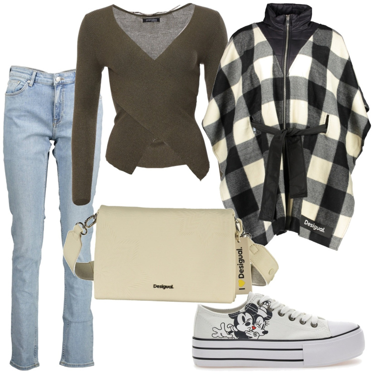 Outfit donna - Total look #1986540. Stile Casual per Tutti i giorni. Abbinamento con maglieria, sneakers, cappotti, borse a spalla, jeans.