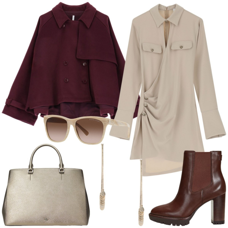 Outfit donna - Total look #1986552. Stile Urban per Ufficio. Abbinamento con vestiti asimmetrici, caban, occhiali da sole, stivaletti chelsea, borse a mano, orecchini.