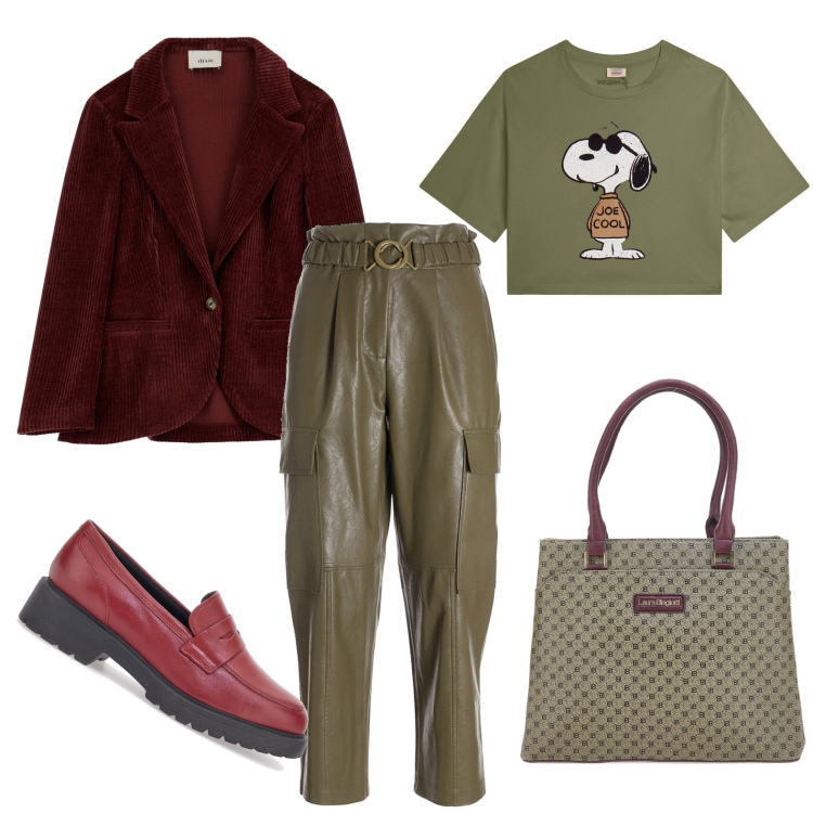 Outfit donna - Foglie d\'autunno. Stile Trendy per Tutti i giorni. Abbinamento con pantaloni, t-shirt, blazer, borse a mano, mocassini.