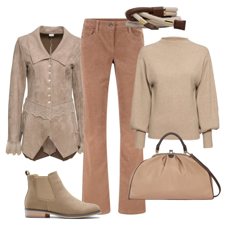Outfit donna - Città neutra. Stile Trendy per Tutti i giorni. Abbinamento con pantaloni, maglieria, stivaletti chelsea, blazer, borse a spalla, cinture.