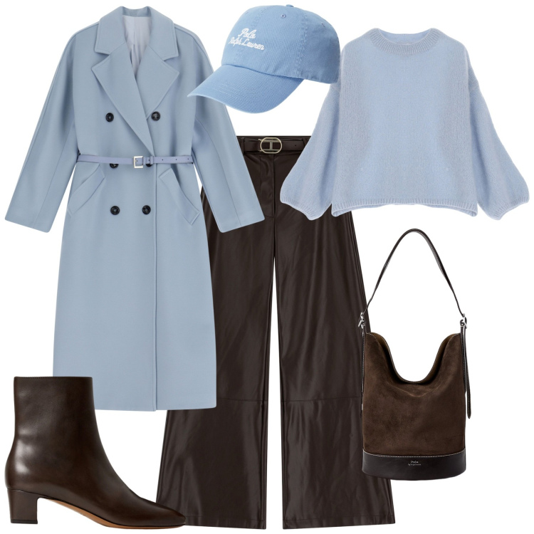 Outfit donna - Total look #1986563. Stile Trendy per Ufficio. Abbinamento con pullovers, cappotti, pantaloni, stivaletti, borse a secchiello, cappelli.