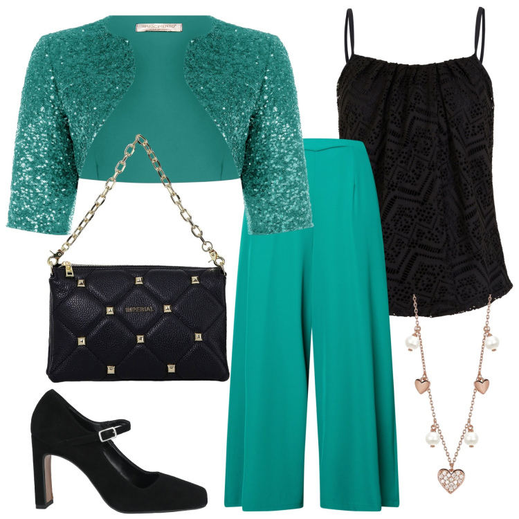 Outfit donna - Green chic. Stile Chic per Cerimonia. Abbinamento con top, décolleté, borse a spalla, collane, pantaloni a palazzo, bolero.