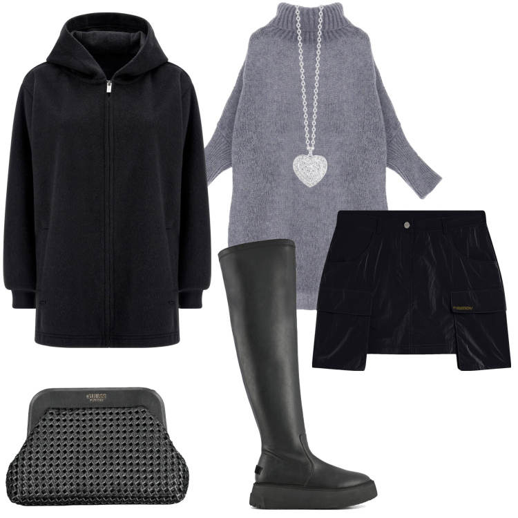 Outfit donna - Maxi pull. Stile Glamour per Tutti i giorni. Abbinamento con collane, maglieria, minigonne, cappotti, stivali sopra il ginocchio, borse a mano.