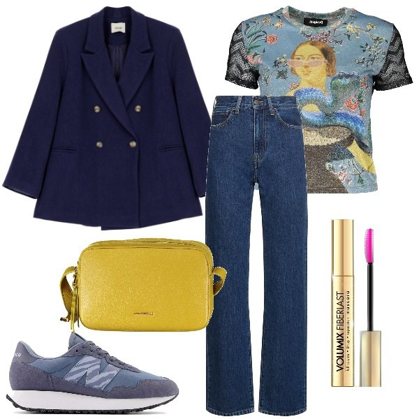 Outfit donna - Look casual in ufficio. Stile Casual per Tutti i giorni. Abbinamento con mascara, sneakers, blazer, t-shirt, jeans dritti, borse a tracolla.