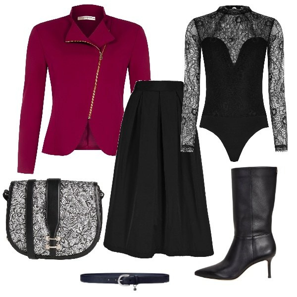 Outfit donna - Serata con amiche. Stile Chic per Serata fuori. Abbinamento con borse a tracolla, blazer, body, stivali, cinture, gonne.