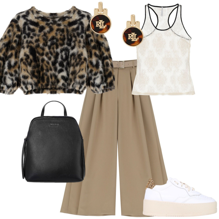 Outfit donna - Total look #1986581. Stile Urban per Ufficio. Abbinamento con pantaloni, sneakers, zaini, maglieria, canottiere, orecchini.