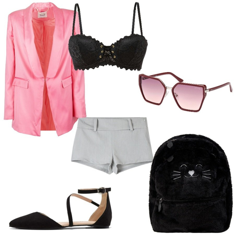 Outfit donna - Dietro liceo davanti museo? no bellissim. Stile Casual chic per Tutti i giorni. Abbinamento con ballerine, reggiseni a balconcino, shorts, zaini, blazer, occhiali da sole.