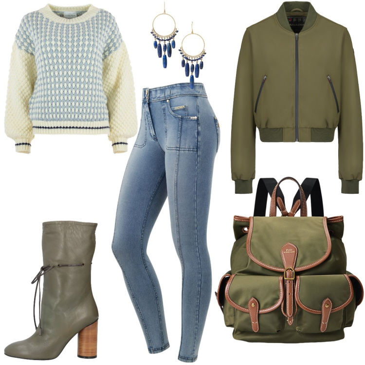 Outfit donna - Casual Chic Autunnale con Tocco Militar. Stile Casual chic per Tutti i giorni. Abbinamento con stivaletti, jeans skinny, orecchini, zaini, bomber, maglieria.