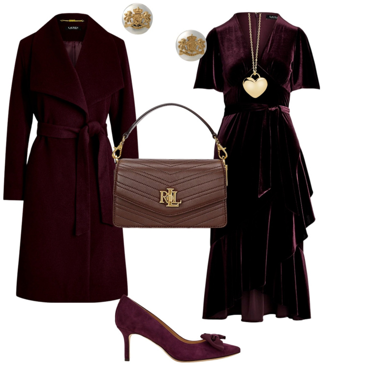 Outfit donna - Total look #1986594. Stile Bon Ton per Serata fuori. Abbinamento con collane, cappotti, orecchini, vestiti, décolleté, borse a tracolla.